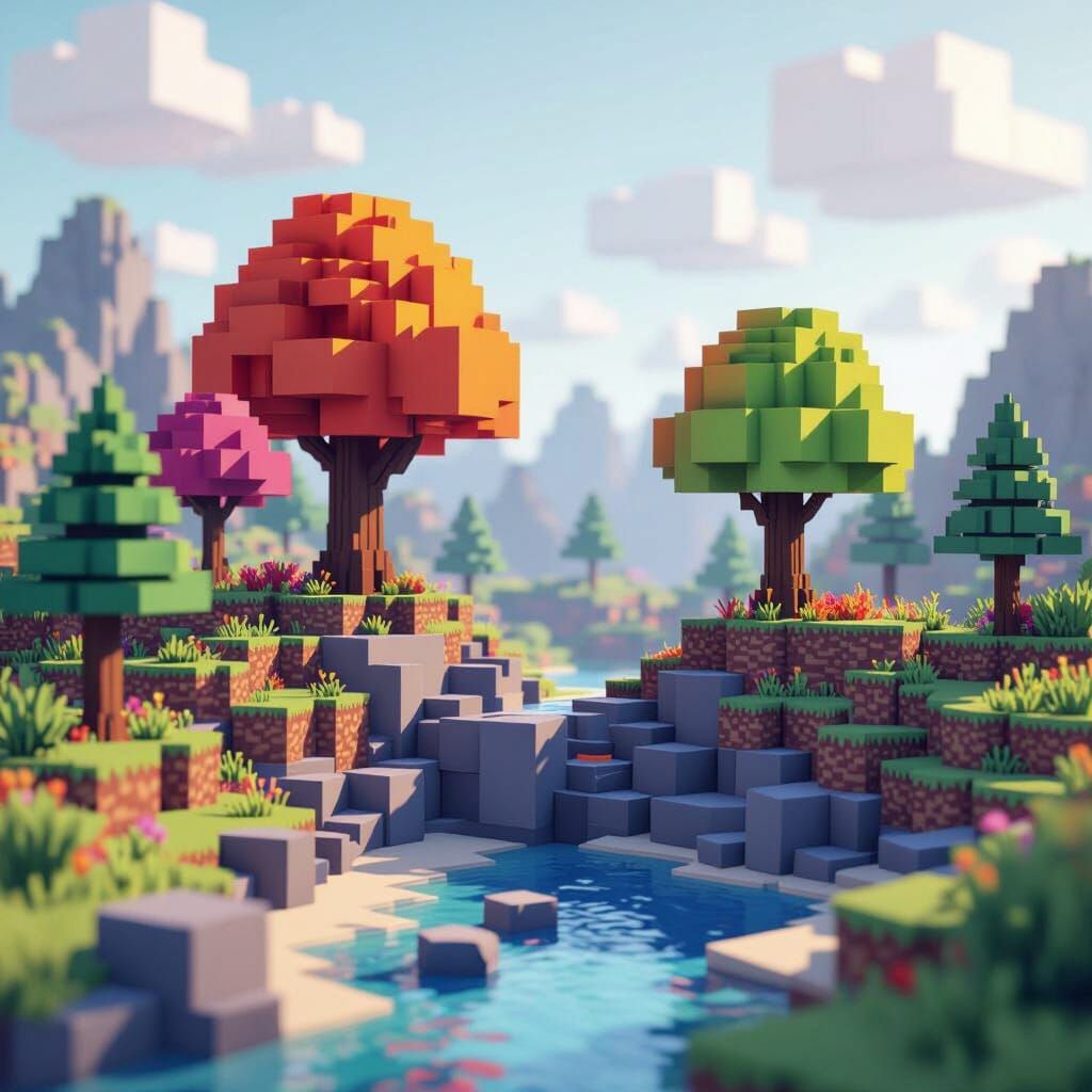 Blocky Minecraft Landscape in Digital Painting and 3D Style