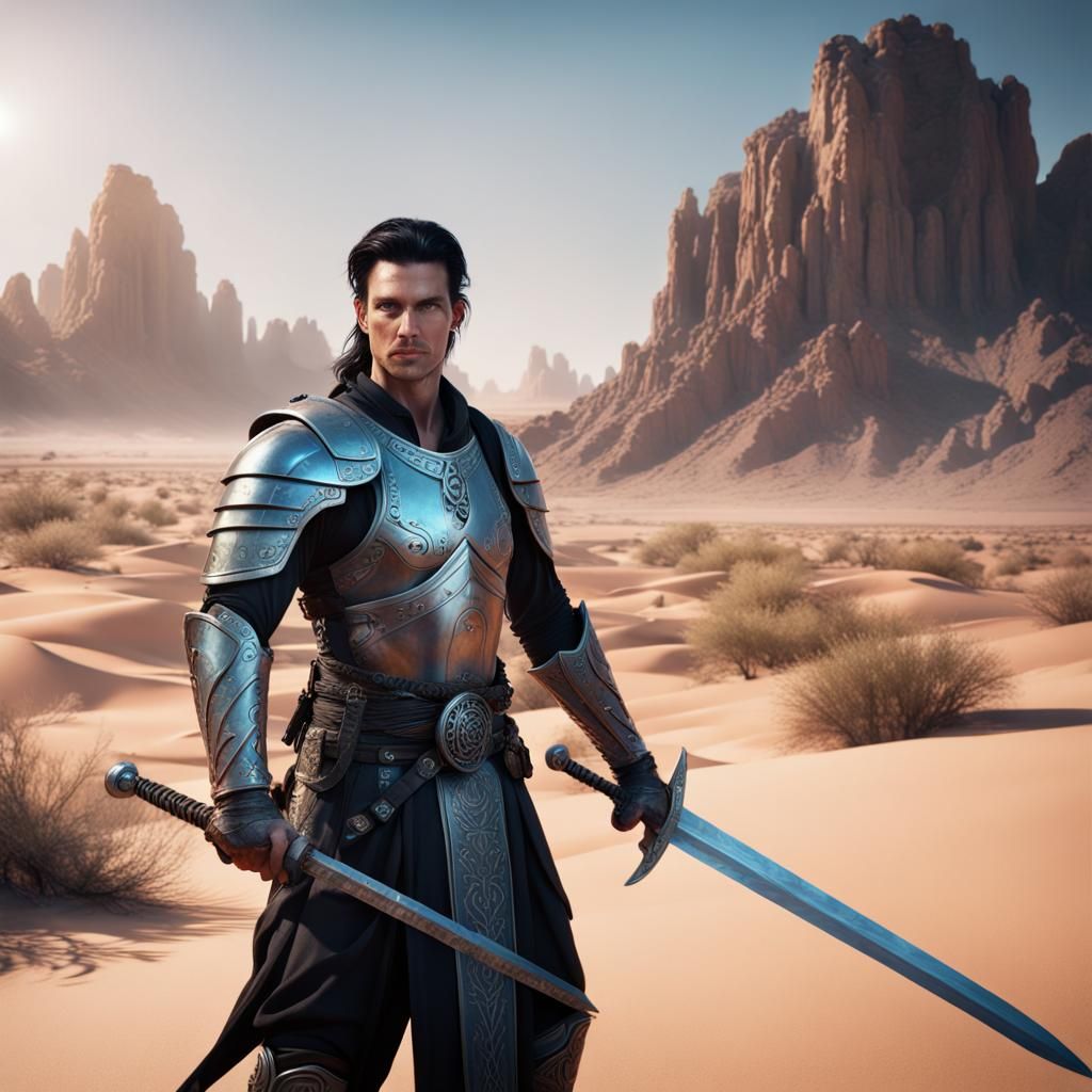 Handsome Warrior in Desert Landscape, Detailed Digital Paint...