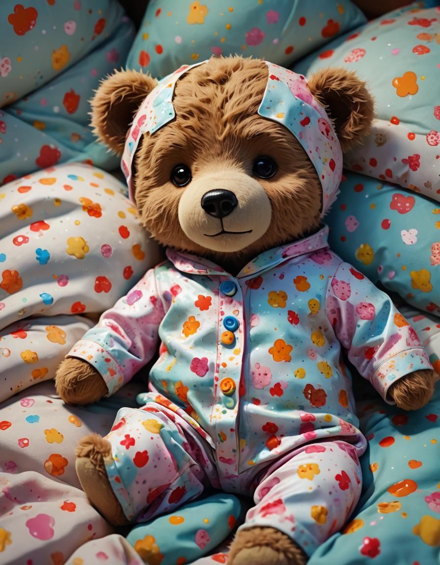 3D up close cute little teddy bear wearing pajamas, snuggled...