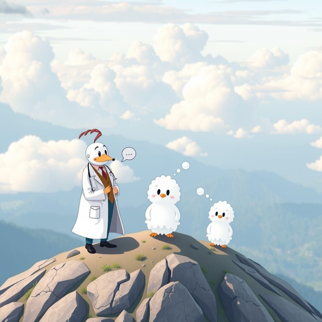 Cartoon Cloud Doctor Consultation on Mountain Top