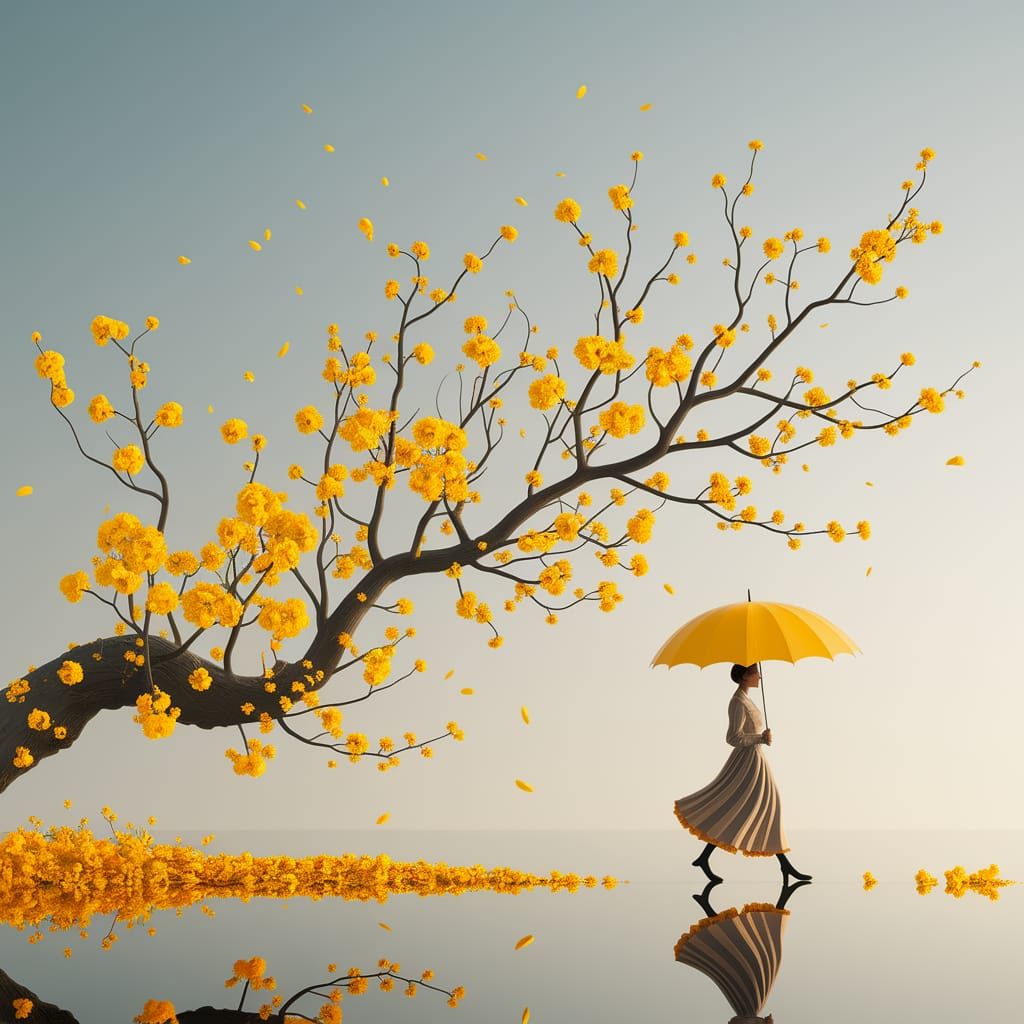 Dreamlike Scene of Figure Under Yellow Flowers