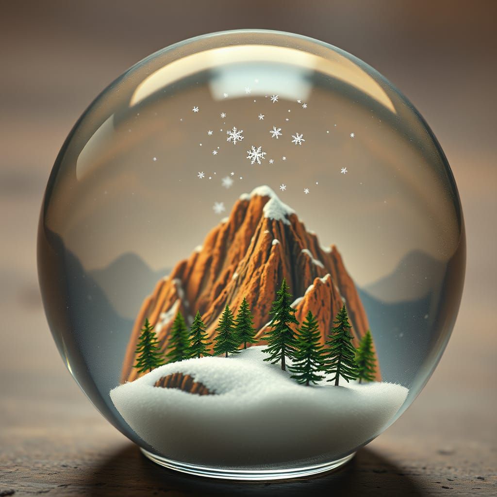 Snowy Mountain Scene in a Vibrant, Folk-Art Inspired Snow Gl...