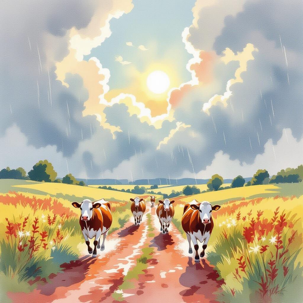 Cows in Summer Rain: Whimsical Watercolor Illustration