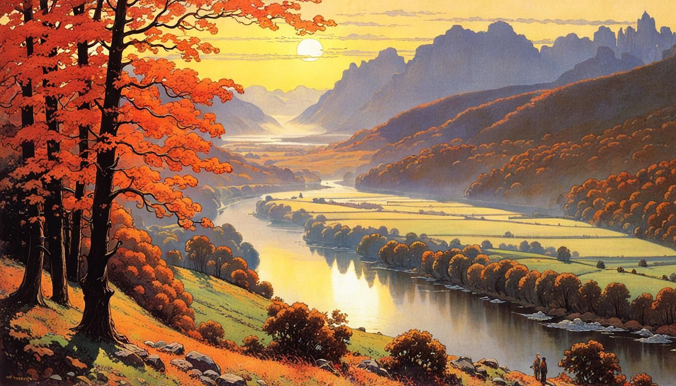 Autumn Morning River Valley in Art Nouveau Style