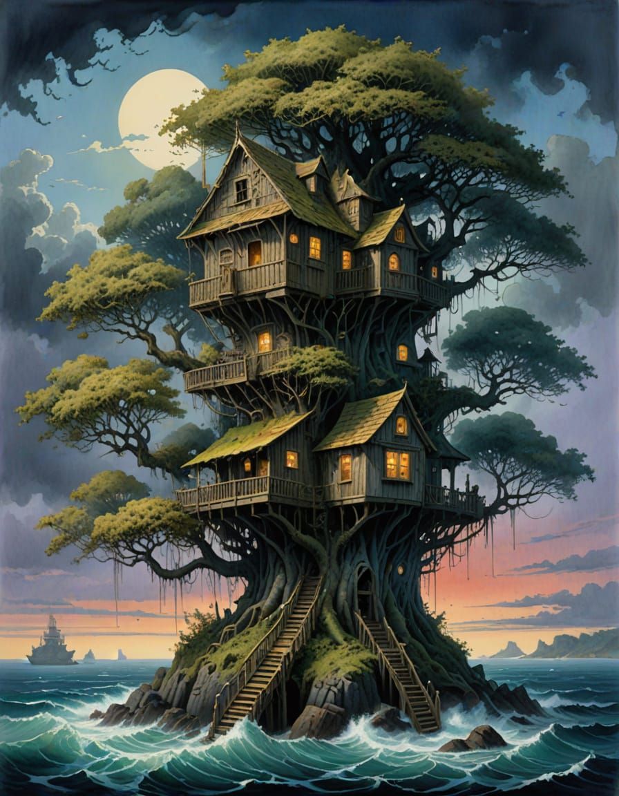 Whimsical Abandoned Treehouse on a Deserted Island in Waterc...