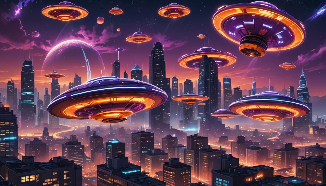 Flying Saucers Hovering Over Futuristic Cityscape