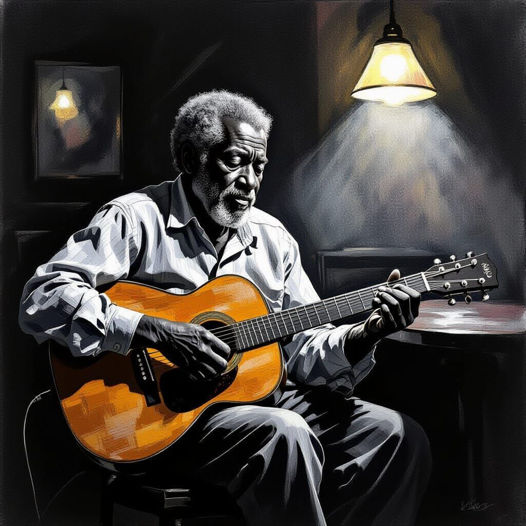 Elderly Black Man Plays Guitar in Dimly Lit Bar