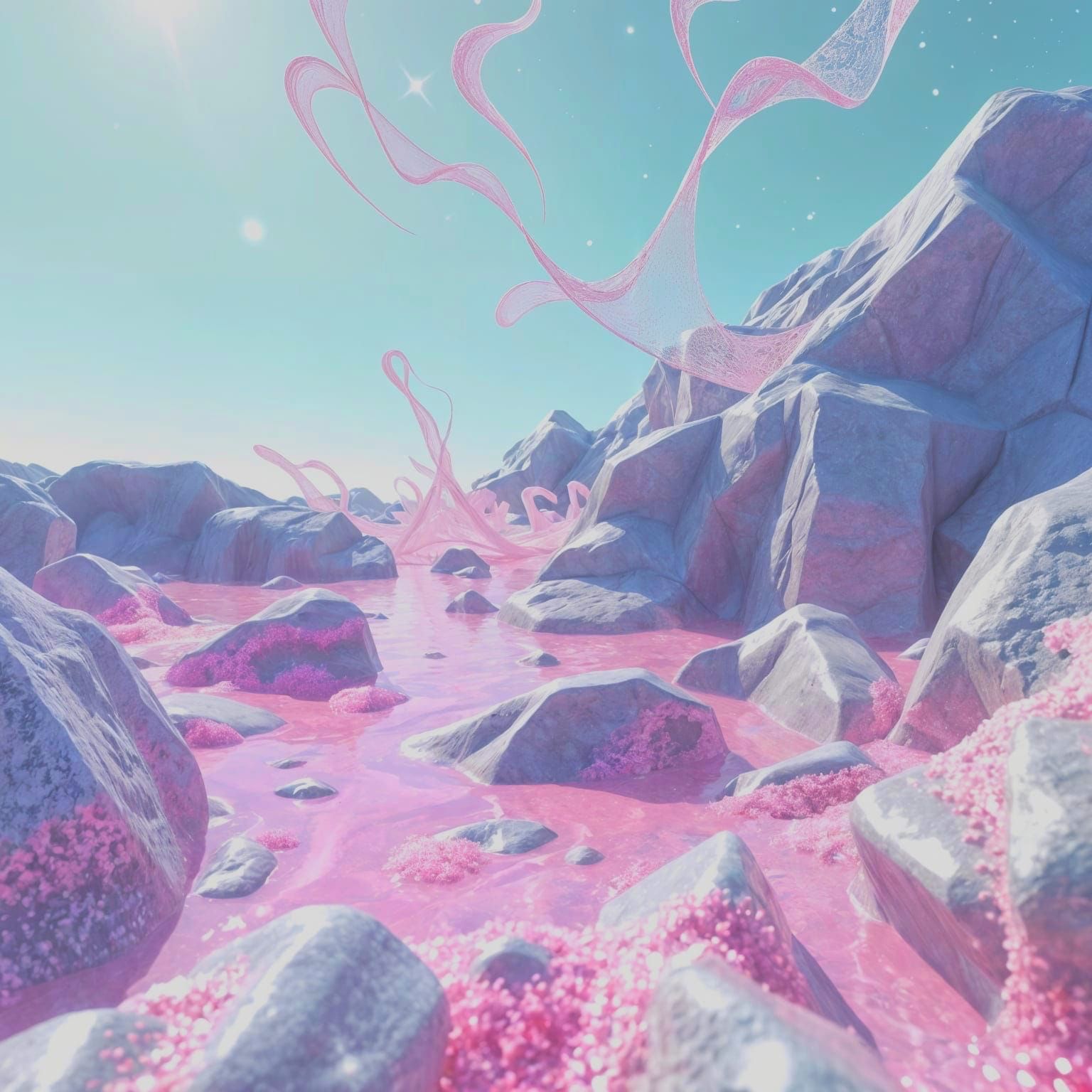 Dreamy Pink Sea with Glowing Silver Rocks