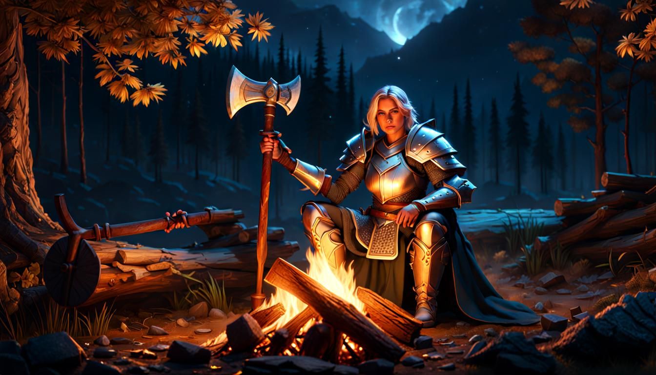 Mielikki in Armor Sharpening Axe by Campfire