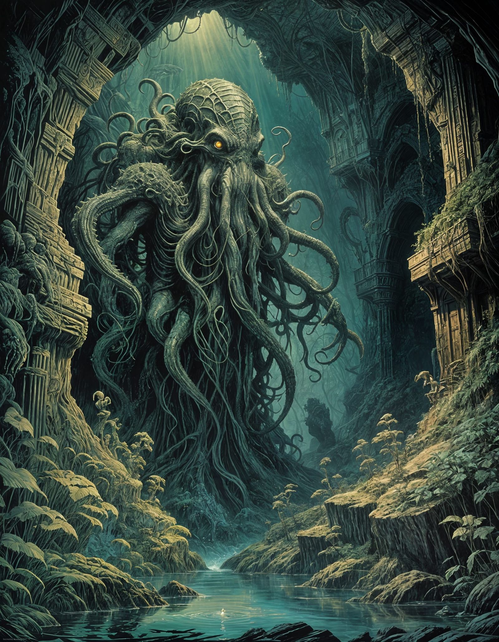 Menacing Female Cthulhu in Underwater Cave