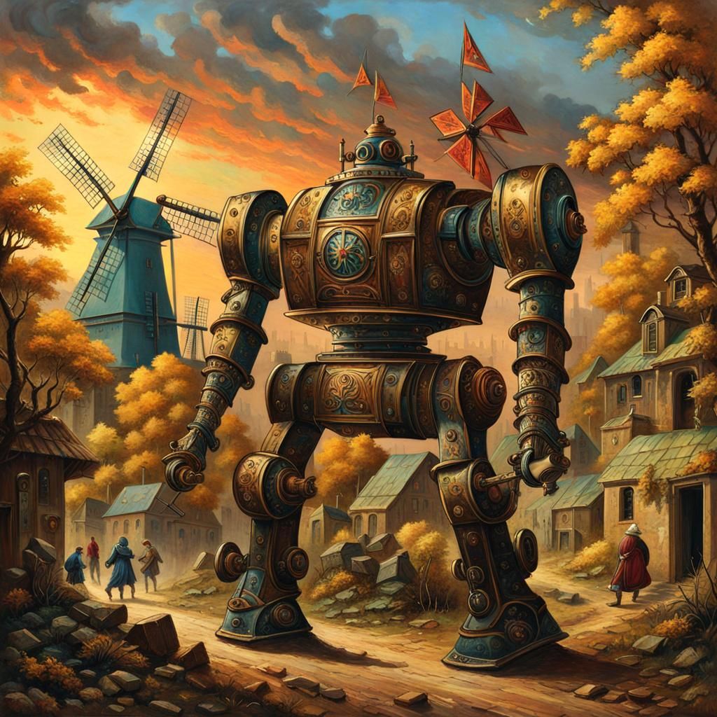 Giant Automaton Attacks Village in Steampunk Style