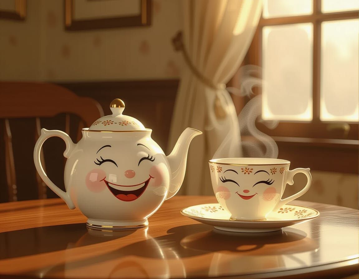 Anthropomorphic Teapot and Teacup in Storybook Style