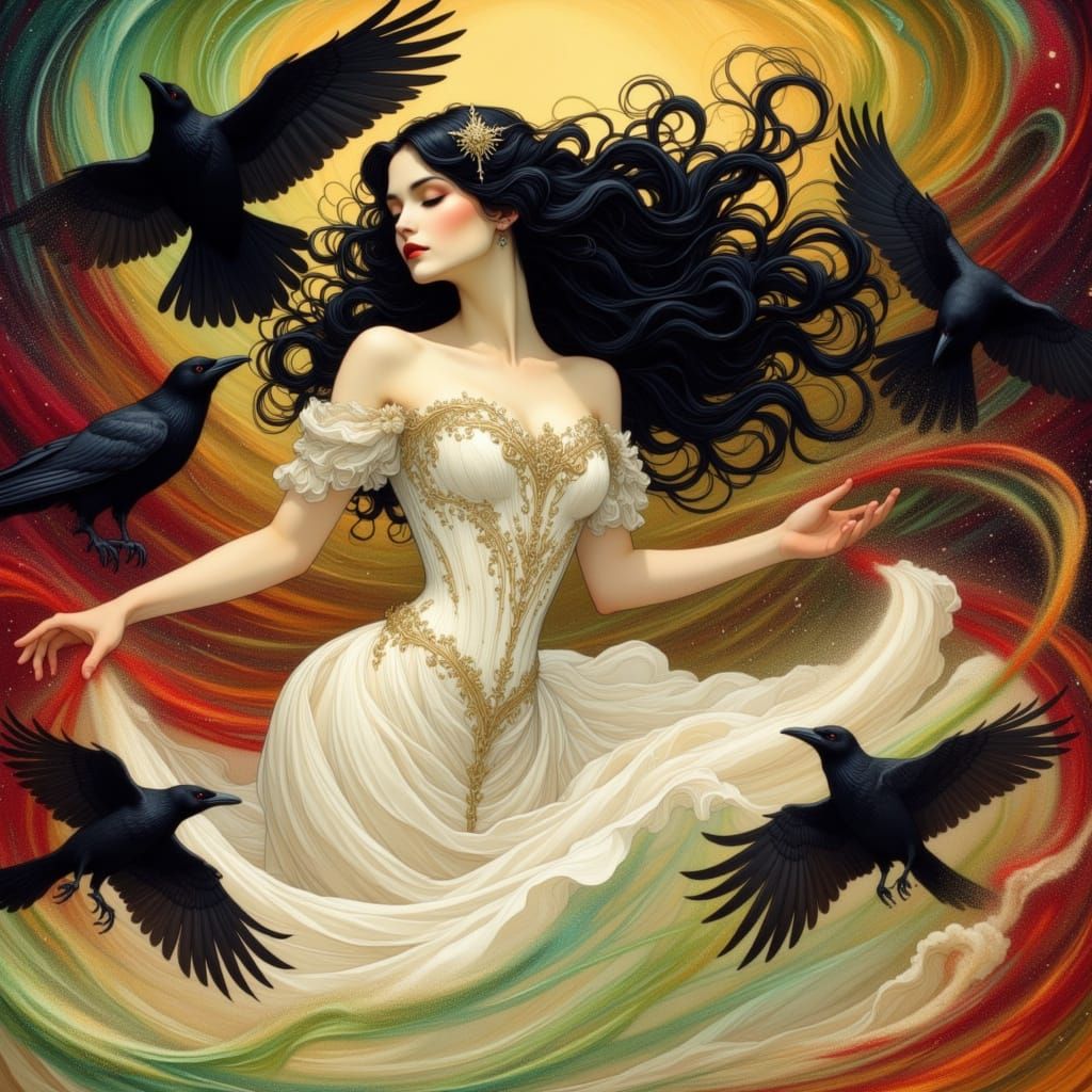 Brunhilde with Odin's Ravens in Ethereal Volumetric Light