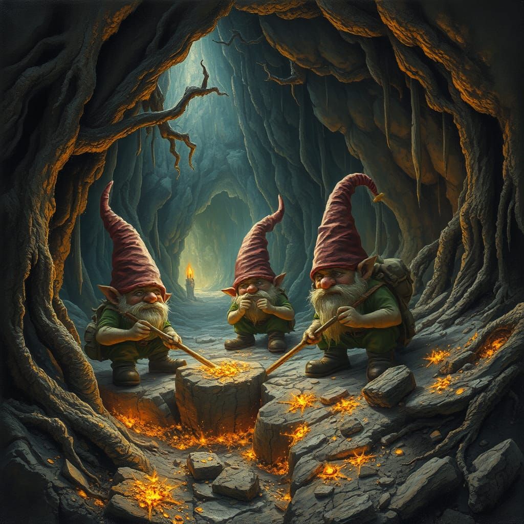 Gnomes Mining Gold in Mystical Cave, Surrealist Style