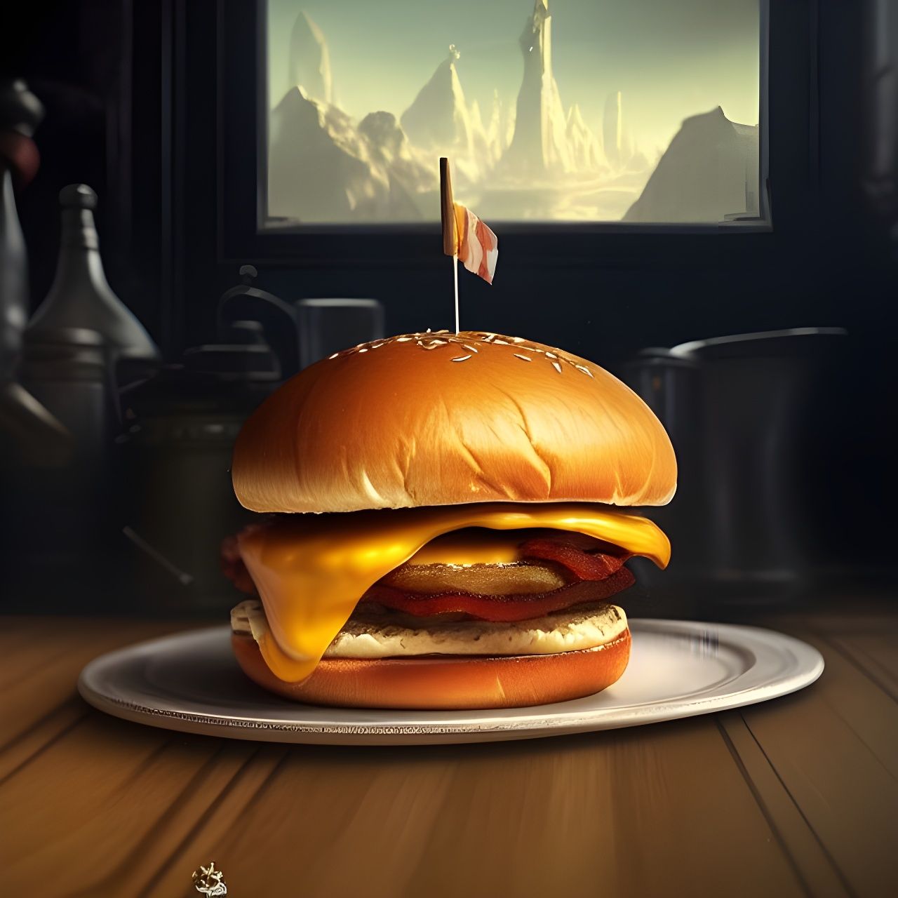 Gourmet Hamburger with Egg and Bacon, Matte Painting