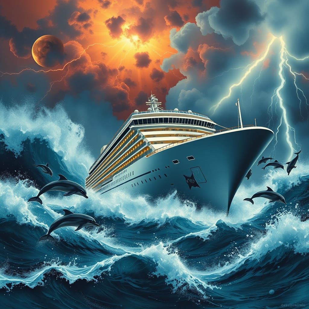 Surreal Storm at Sea: Cruise Ship in Impressionistic Style