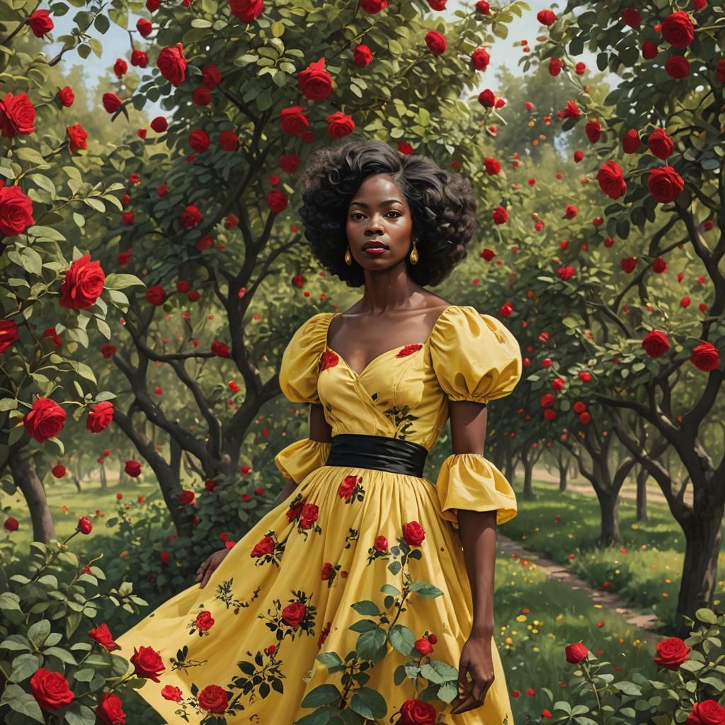 Woman in Yellow Dress Among Roses and Apples