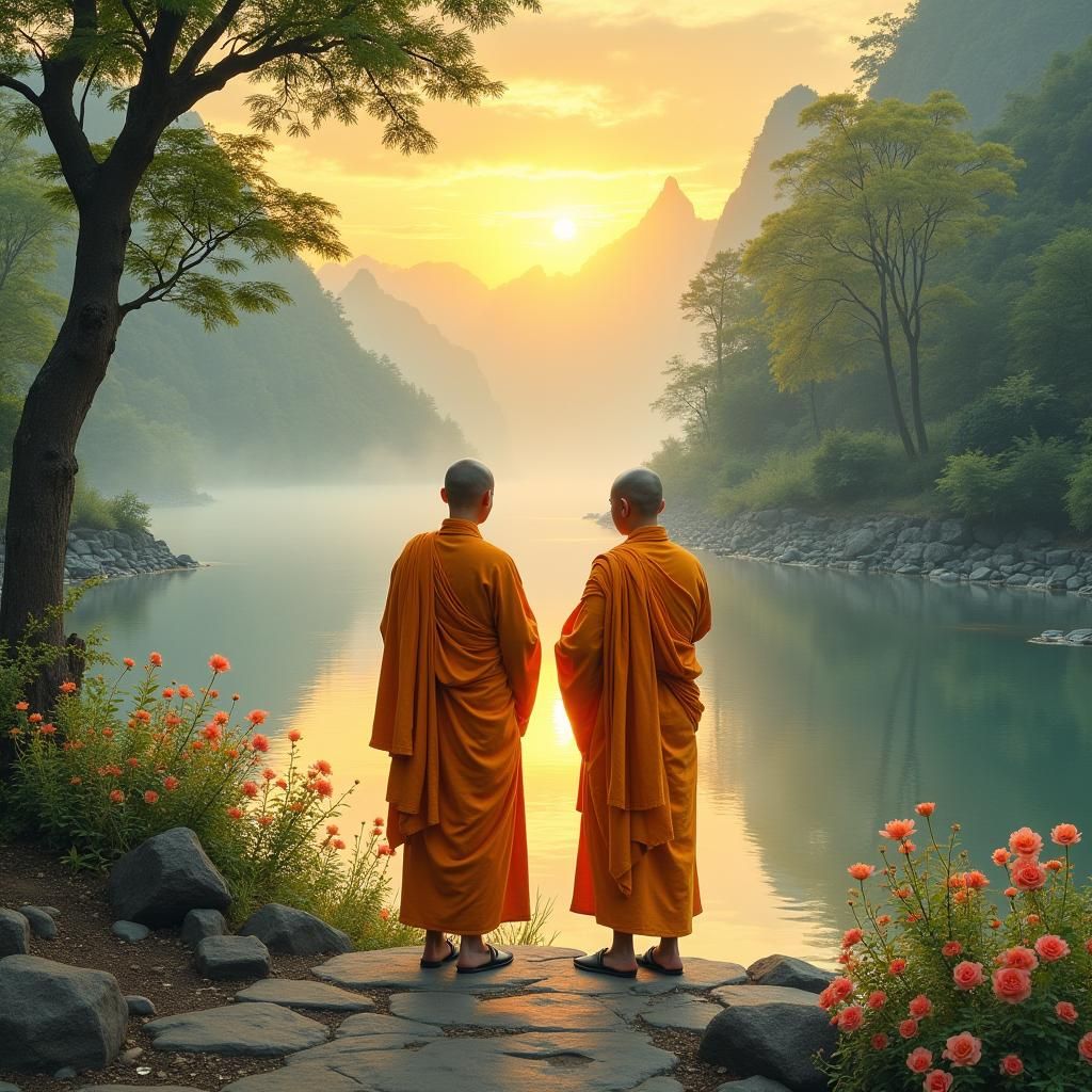 Serene Buddhist Monks at Dusk in Asian Landscape