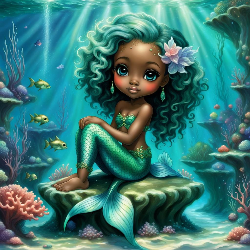 Beautiful Chibi Mermaid on Coral Throne