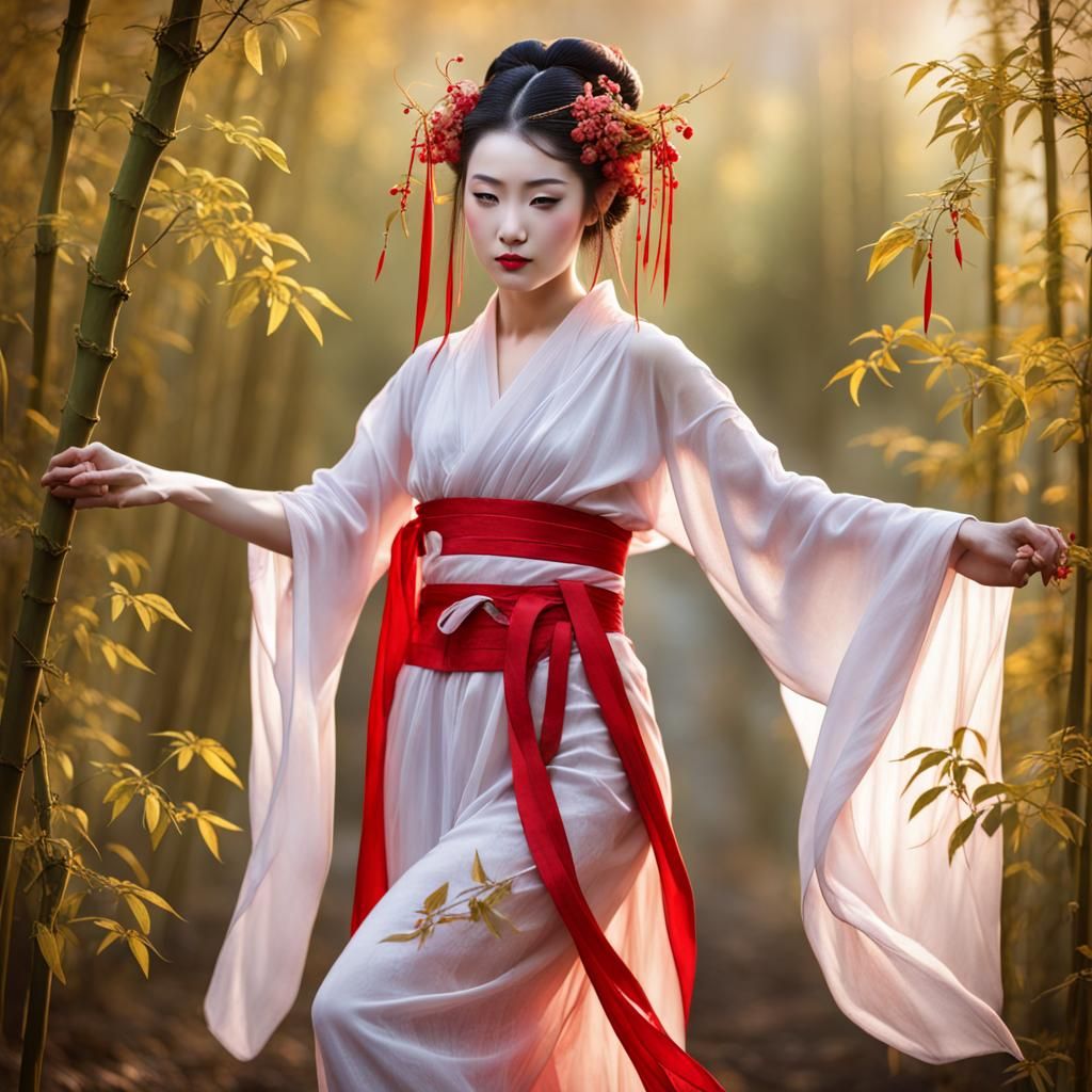 Dancing Elven Geisha with Bamboo