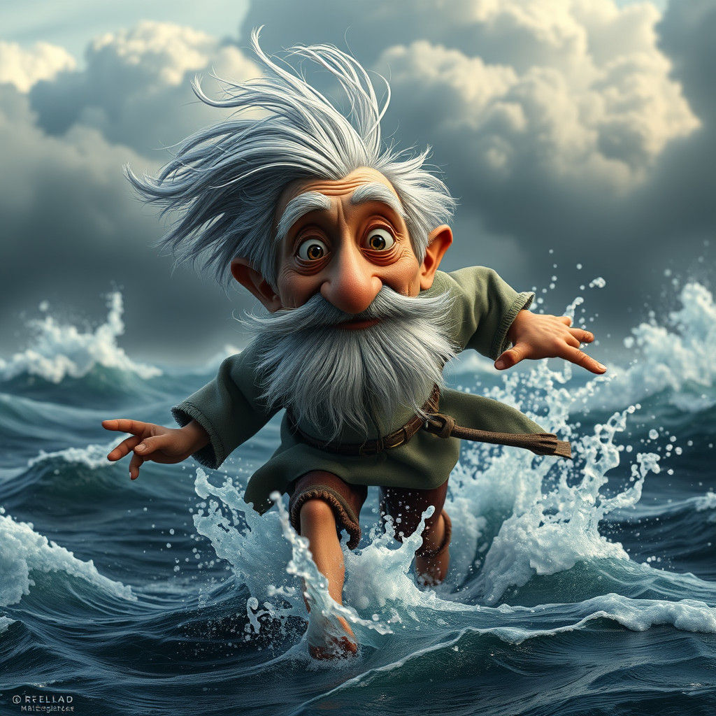 Whimsical Elderly Man Runs on Stormy Waters