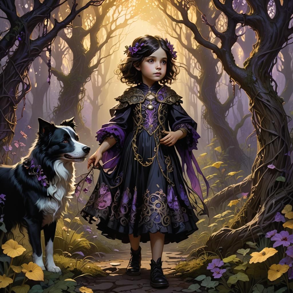 Girl and Puppy in Mystical Forest, Art Nouveau Style