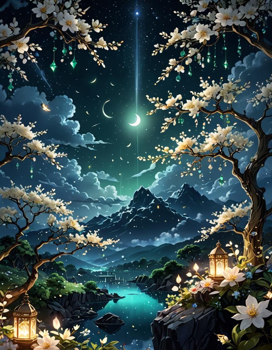 Mystical Midnight Scene with Jeweled Cherry Blossoms