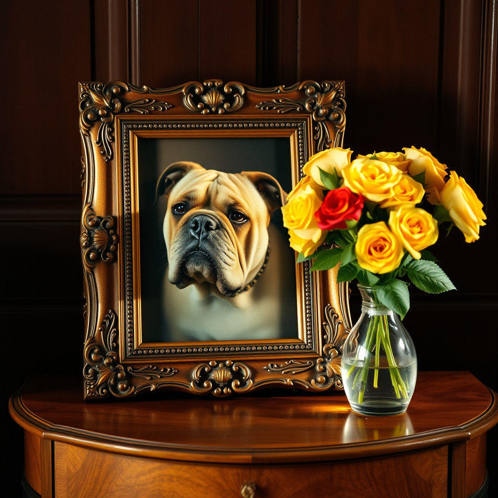 Old English Bulldog Portrait in Vintage Frame