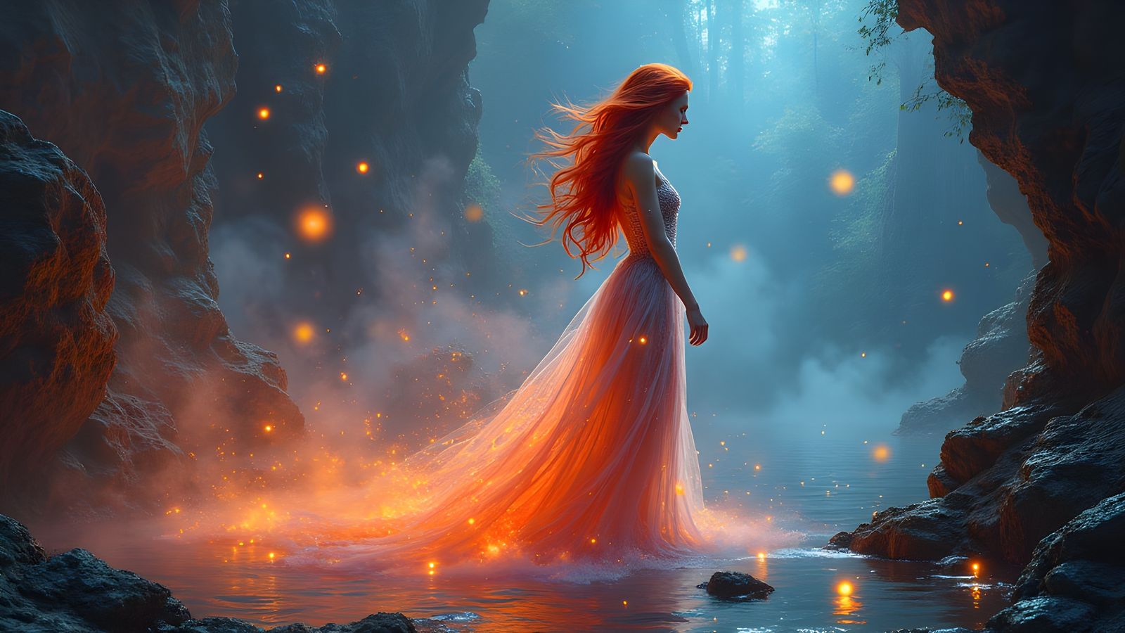 Mystical Magician with Ruby Hair in Surrealist Style