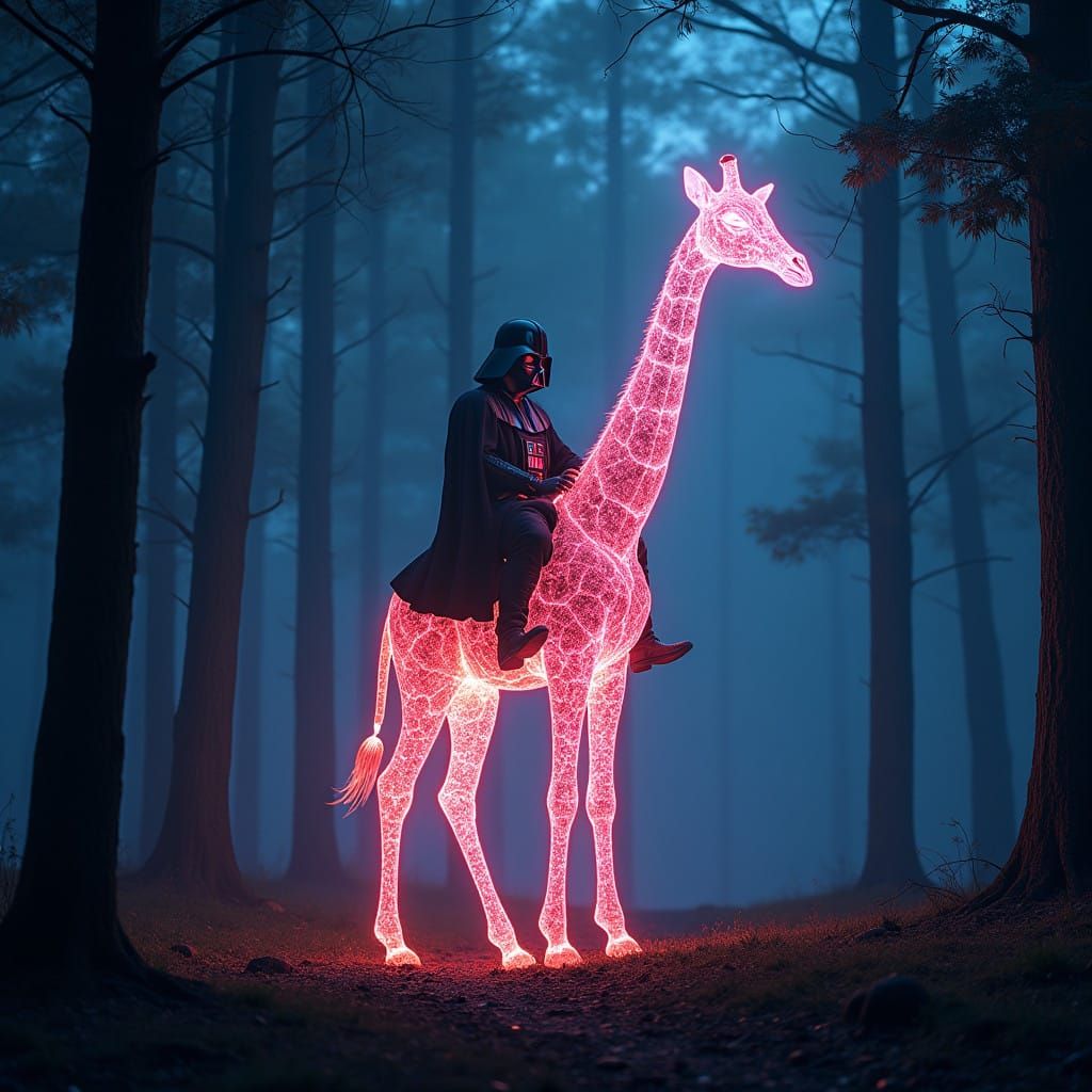 Glowing Giraffe Illuminates Dark Forest with Neon Majesty