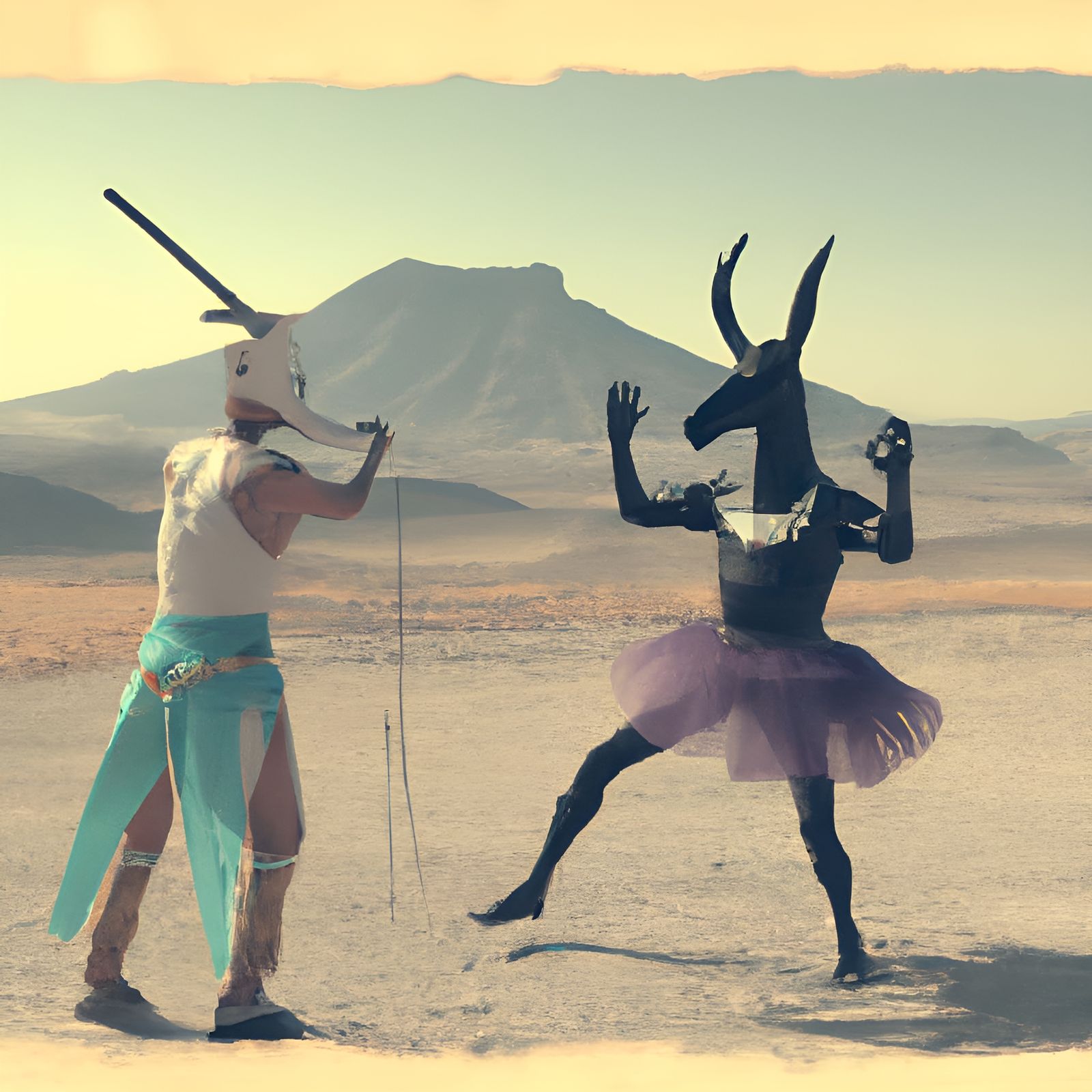 Retrofuturistic Masked Hero Dances with Antelope