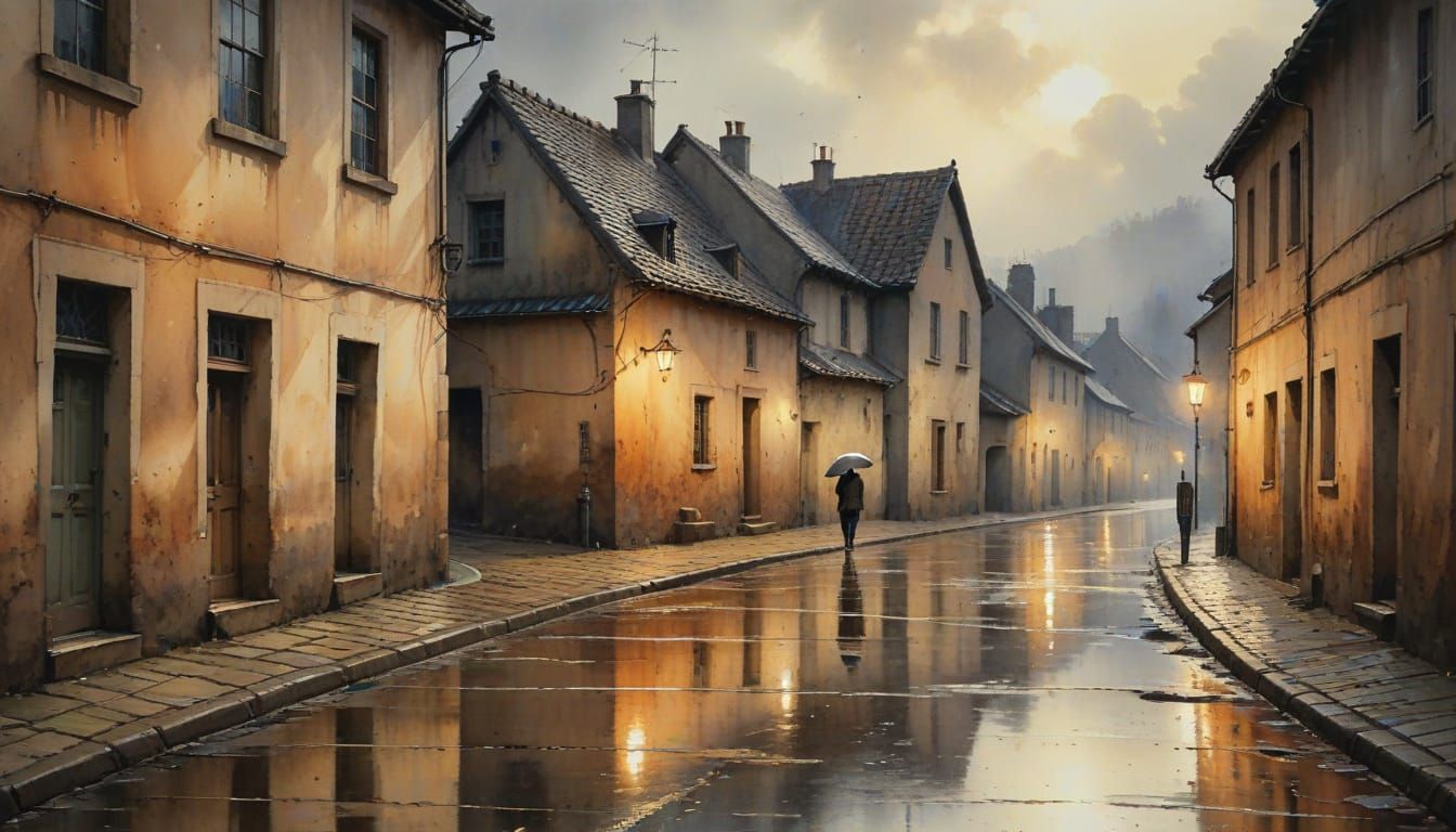 Village Under Misty Rainy Skies in Watercolor