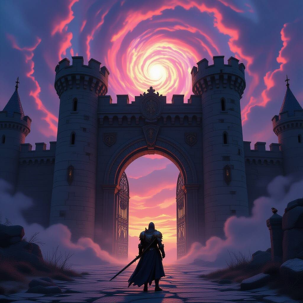 Knight Before Ancient Castle Gate in Surreal Twilight