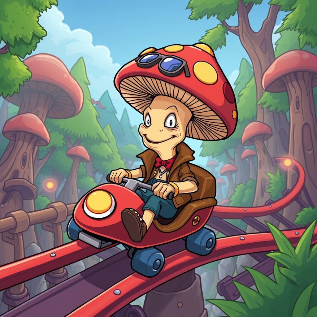 Mushroom Character Rides Roller Coaster in Cartoon Forest Pa...