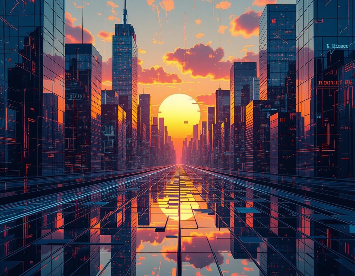 Glitchcore Cityscape Reflected in Shattered Glass