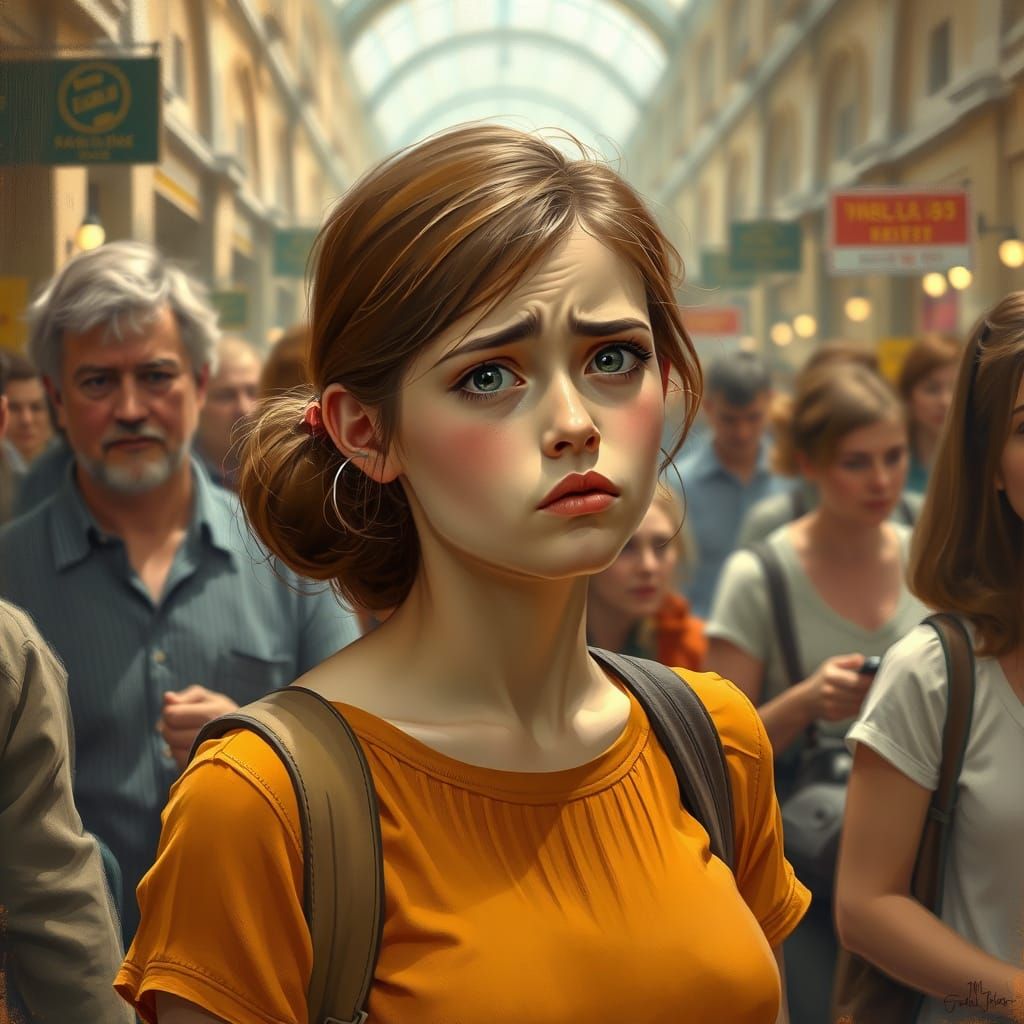 Young Woman's Embarrassing Moment in a Bustling Public Place