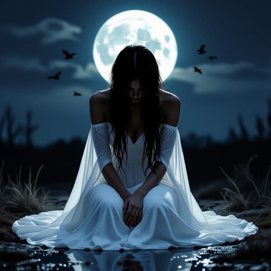 Eerie Surreal Woman Under Moonlight, Black and White
