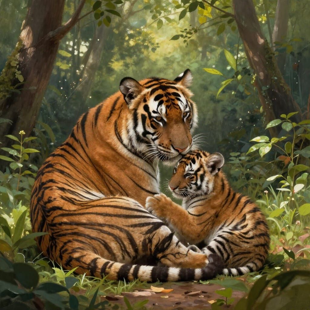 Bengal Tiger Mother Bathes Cub in Sunlit Forest