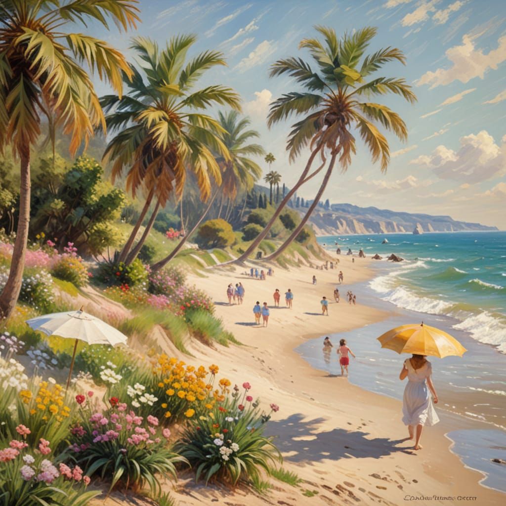 Impressionist Beach Scene with Vibrant Blooms and Soft Light