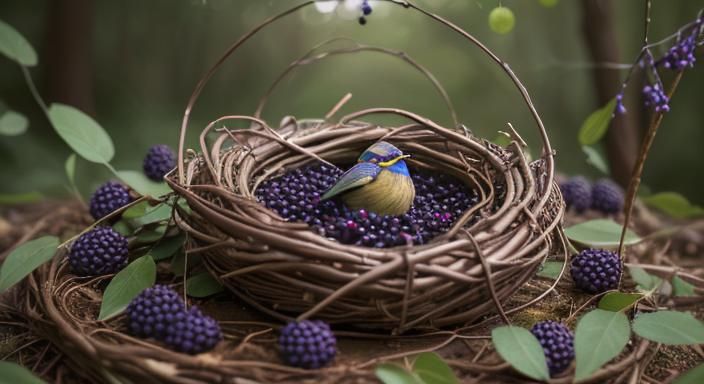 Maypole Bowerbird Nest with Purple Berries