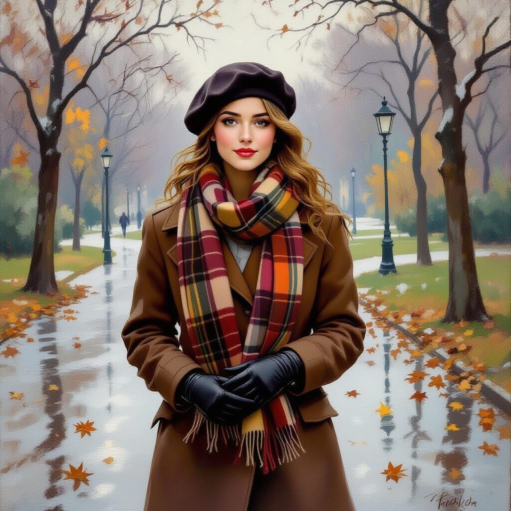 Woman Enjoys Rainy Autumn Day in Park Oil Painting