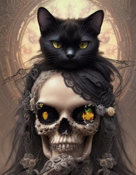 Black cat with skull& gothic vibes& hyperdetailed trending on Artstation intricately detailed gothic art photorealism hy...