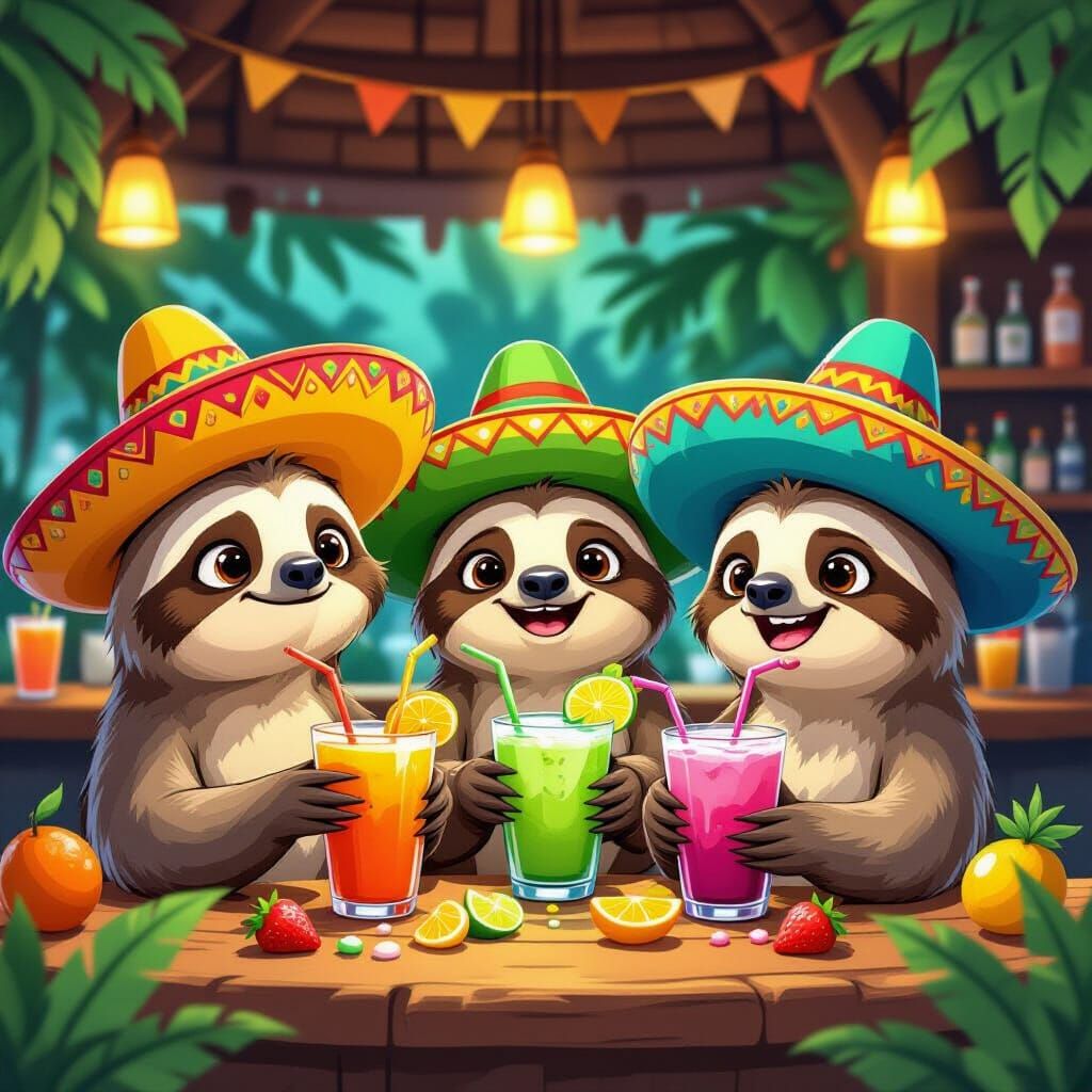 Cartoon Sloths in Sombreros Mix Smoothies: 2D Art
