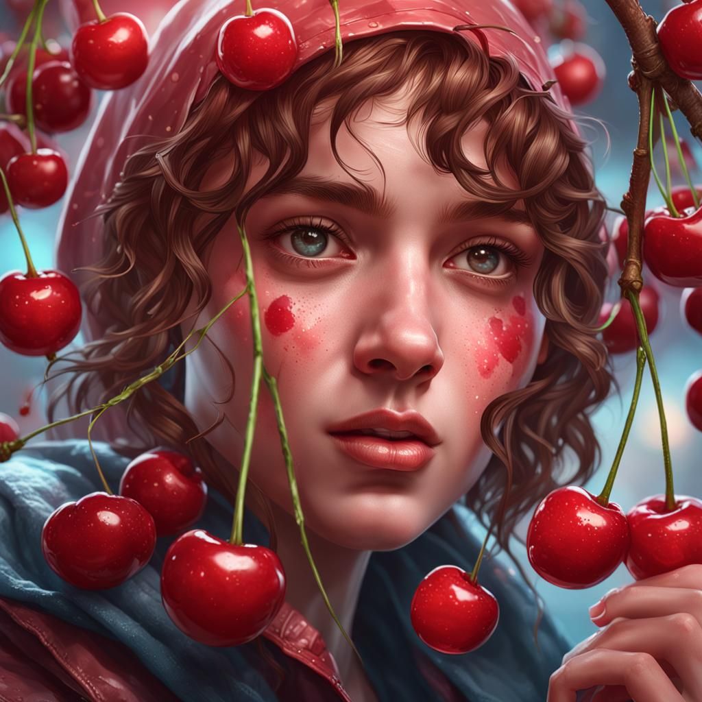 Hyperrealistic Cherry Portrait in Detailed Splash Art Style