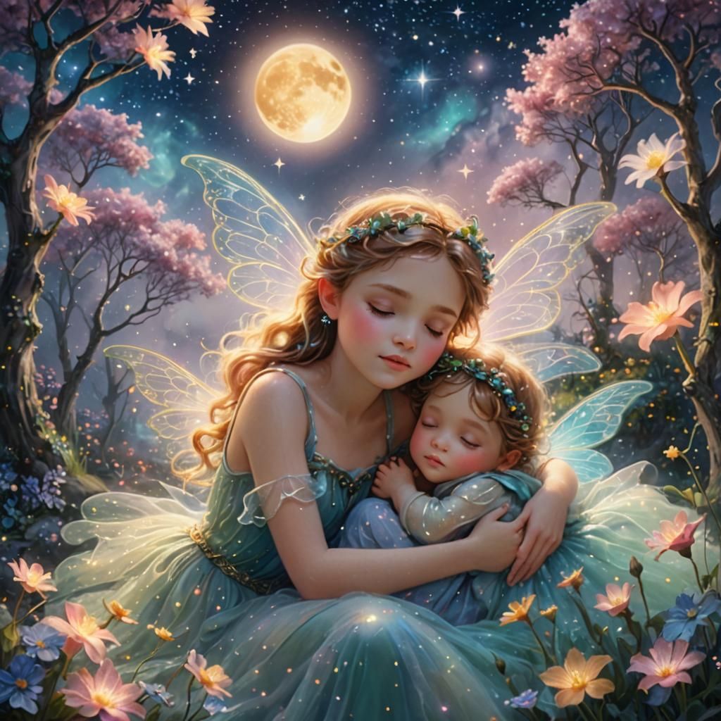 Fairies Sleeping on Bioluminescent Moon in Galaxy
