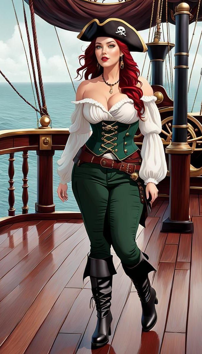 Confident Pirate Woman on Deck in Steampunk Style