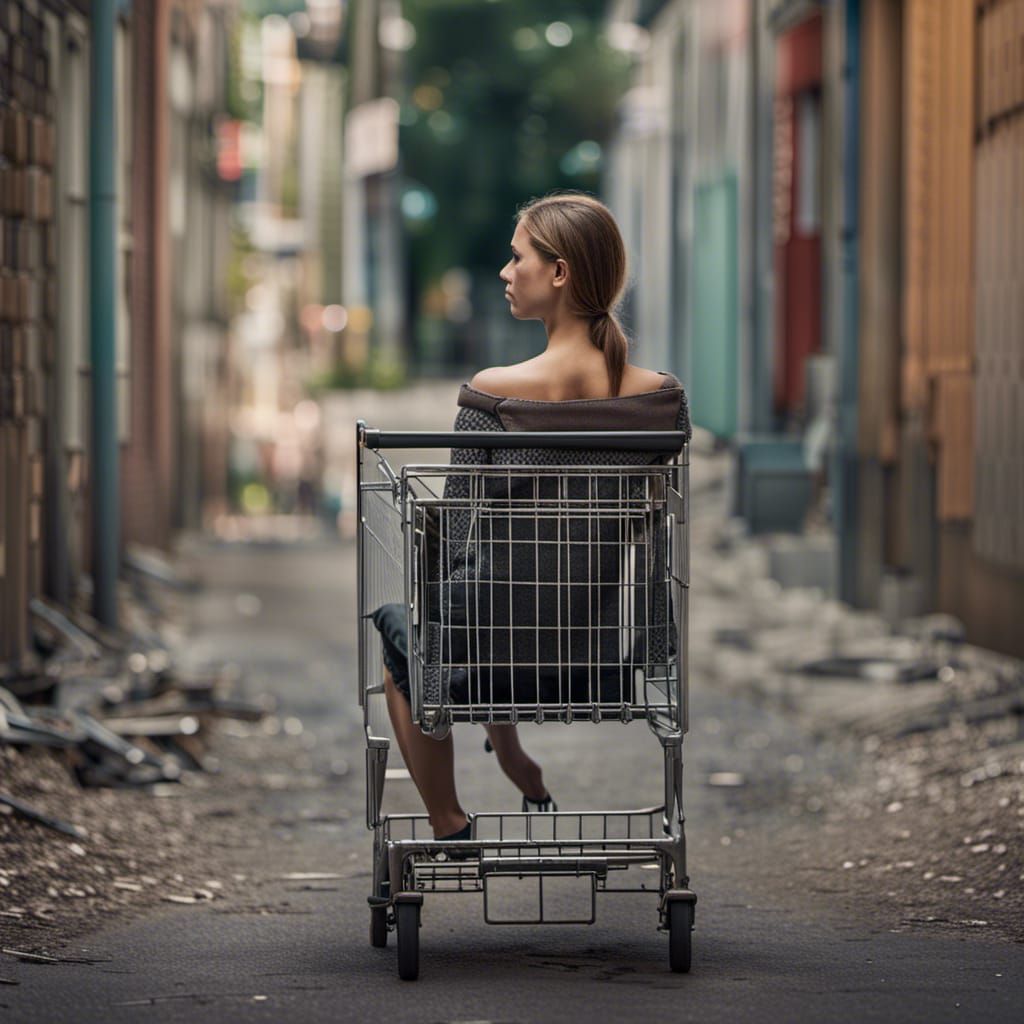 Woman in Shopping Cart on Empty Street