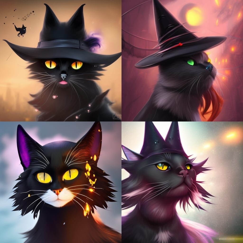 Anime Black Cat in Witch Hat Fantasy Art
