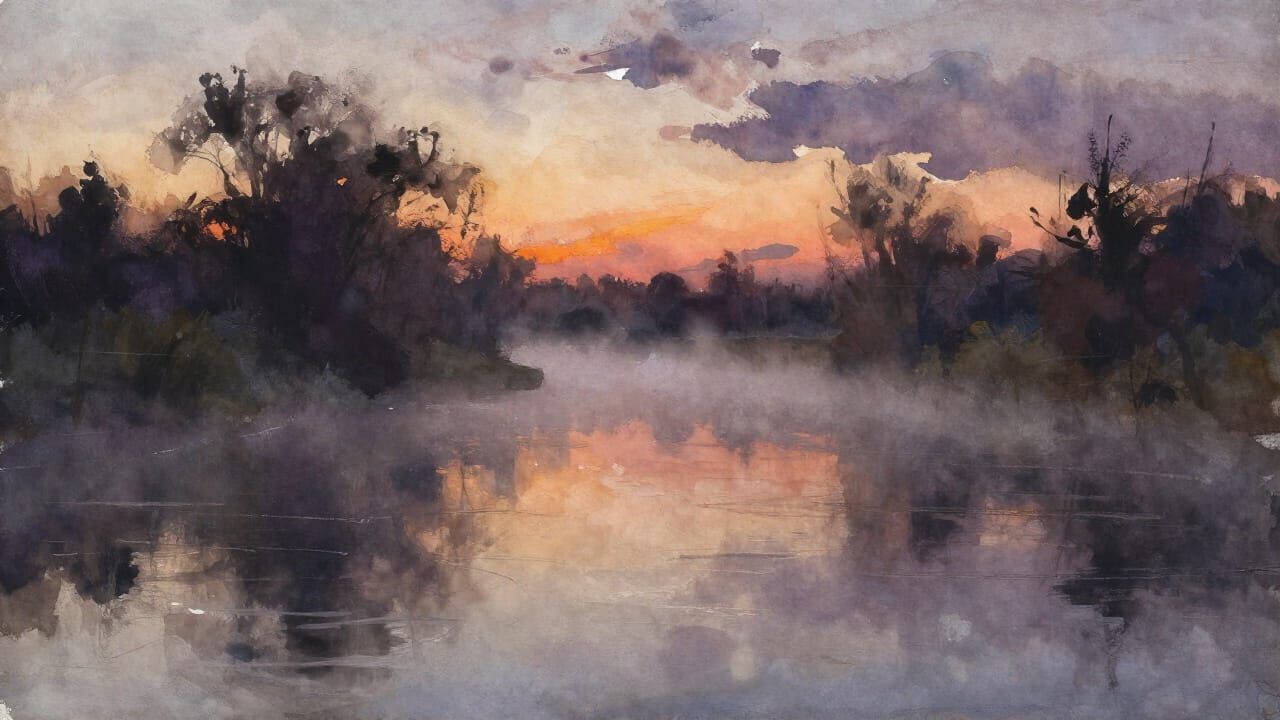 Misty River at Dusk in Expressive Watercolor Style