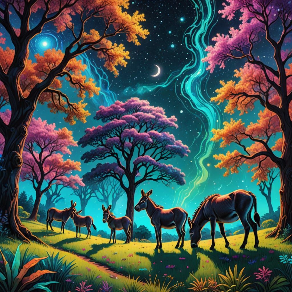 Cosmic Donkeys Grazing Under Astral Lights